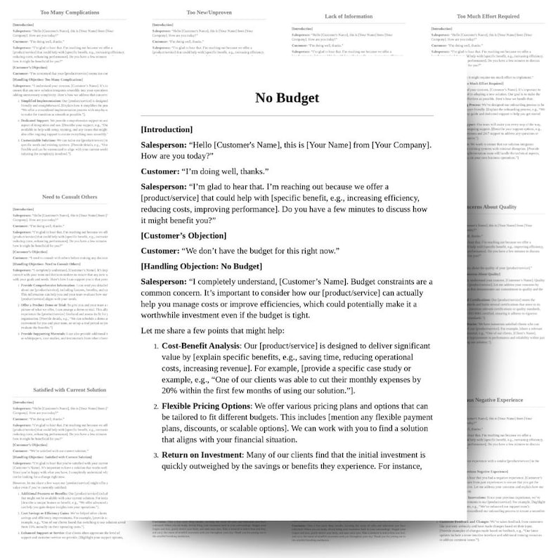 May include: A document titled No Budget featuring a sales script template. The text includes an introduction, customer objection, and handling objection section with placeholders for product, service, and company names, plus three numbered points.