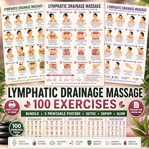 May include: A collection of five printable posters titled Lymphatic Drainage Massage, featuring 100 total exercises with numbered illustrations and instructional text for detox, depuff, and glow. The posters include diagrams of body movements.