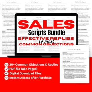 May include: A digital sales scripts bundle displayed on a laptop screen with the text SALES Scripts Bundle EFFECTIVE REPLIES to most COMMON OBJECTIONS. Below the screen, a red background lists features including 30+ Common Objections & Replies.