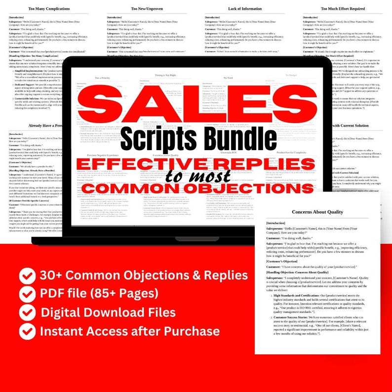 May include: A digital sales scripts bundle displayed on a laptop screen with the text SALES Scripts Bundle EFFECTIVE REPLIES to most COMMON OBJECTIONS. Below the screen, a red background lists features including 30+ Common Objections & Replies.