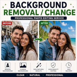 Könnte beinhalten: Eine Werbegrafik für einen professionellen Bildbearbeitungsdienst mit dem Titel BACKGROUND REMOVAL / CHANGE. Sie zeigt einen Vorher-Nachher-Vergleich eines Paares, bei dem ein Stadtbild durch einen Strand ersetzt wurde, sowie Symbole.