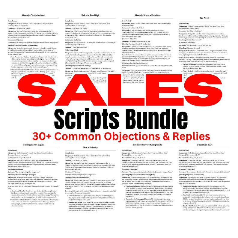 May include: A digital document titled SALES Scripts Bundle 30+ Common Objections & Replies. The text is organized into eight sections covering topics like Already Overwhelmed, Price is Too High, and Uncertain ROI, featuring sales scripts.