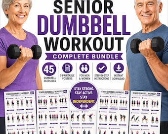 Senior Dumbbell Workout 60+ Printable 45 Strength Training Exercises, Elderly Home Fitness Routine, Senior Exercise Poster Chart