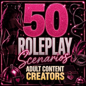 May include: A digital graphic featuring the text 50 ROLEPLAY Scenarios ADULT CONTENT CREATORS in pink and white. The design includes a silhouette of a person in a hat, a stethoscope, a masquerade mask, a serving dome, and a heart-shaped padlock.
