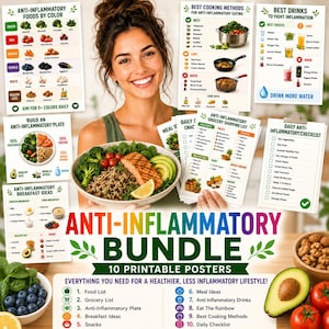 Könnte beinhalten: Ein Anti-Entzündungs-Paket mit 10 druckbaren Postern, die Ernährungsratgeber, Einkaufslisten, Mahlzeitenideen und Checklisten enthalten. Die Poster zeigen farbenfrohe Lebensmittelillustrationen, Kochmethoden und Gesundheitstipps.