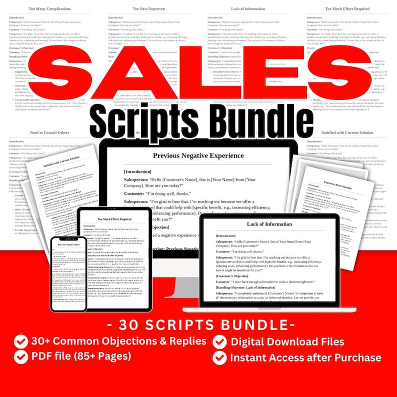 May include: A digital sales scripts bundle featuring the text SALES Scripts Bundle and 30 SCRIPTS BUNDLE. The image displays multiple documents, a computer monitor, and a smartphone screen showing text-based sales scripts and objection handling.
