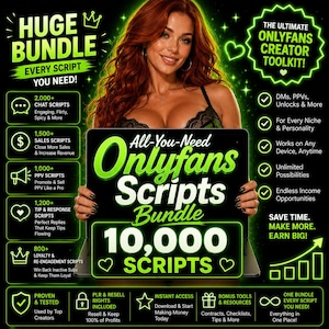 Può includere: Una grafica di marketing digitale per un pacchetto di strumenti per creatori OnlyFans. Il testo recita Huge Bundle, The Ultimate OnlyFans Creator Toolkit e 10,000 Scripts Bundle. Elenca varie categorie di script con segni di spunta.