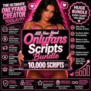 Può includere: Una grafica di marketing digitale per un toolkit per creatori OnlyFans con il testo The Ultimate OnlyFans Creator Toolkit, All-You-Need OnlyFans Scripts Bundle e 10,000 Scripts. Il design utilizza uno schema di colori rosa neon e nero.