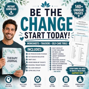Op de afbeelding: Een therapiedagboek met een witte kaft, een groene bladrand en de tekst Therapy Journal. Het digitale product bevat meer dan 140 pagina's met werkbladen, trackers en zelfzorgtools zoals een angstjournaal, stemmings- en gewoonte-tracker, met de titel Be The Change Start Today.