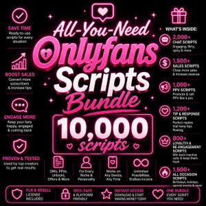 Op de afbeelding: Een digitale marketingafbeelding met neonroze tekst op een zwarte achtergrond getiteld All-You-Need Onlyfans Scripts Bundle. Het bevat 10.000 scripts, waaronder chat-, verkoop-, PPV-, fooi-, loyaliteits- en gelegenheidscategorieën met iconen.