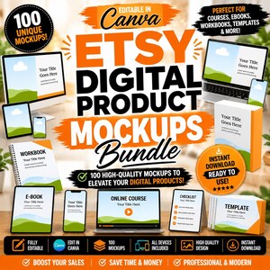 May include: A digital product mockup bundle featuring 100 editable templates for Canva. The display includes a computer monitor, laptop, tablet, smartphone, workbook, and e-book, all showcasing a landscape graphic with text placeholders.