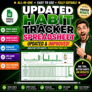 May include: A digital habit tracker spreadsheet displayed on a laptop screen, featuring charts, a monthly calendar, and plant growth visuals. The interface includes text labels like Updated Habit Tracker Spreadsheet, Google Sheets, and Proven Results.