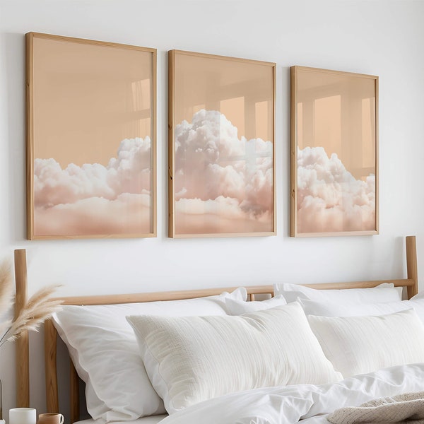 Cloud Poster, Clouds Bedroom Wall Art Set of 3, Minimalist Printable Wall Art White Clouds Over The Bed Wall Art, Digital Download Cloud