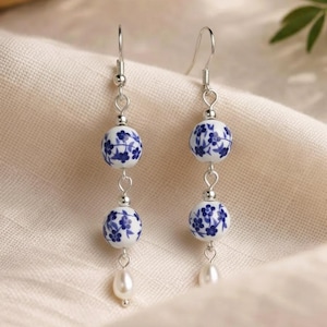 Freshwater Pearl Earrings: Royal Blue Ceramic Flower, S925 Hook