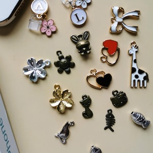 Può includere: Assortimento di ciondoli in varie forme e colori, tra cui una girafa, un gatto, un pesce, un cuore, un fiocco, un fiore, un coniglio, uno scheletro e una lettera L.