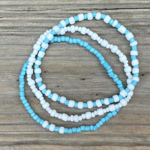 Carolina blue and white seed bead bracelet set, school and team spirit colors, Tarheel bracelet stack