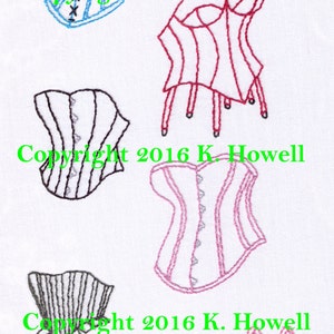 May include: Five embroidered images of corsets in different colors and styles. The corsets are all in a simple, classic style. The text "Copyright 2016 K. Howell" appears three times on the image.