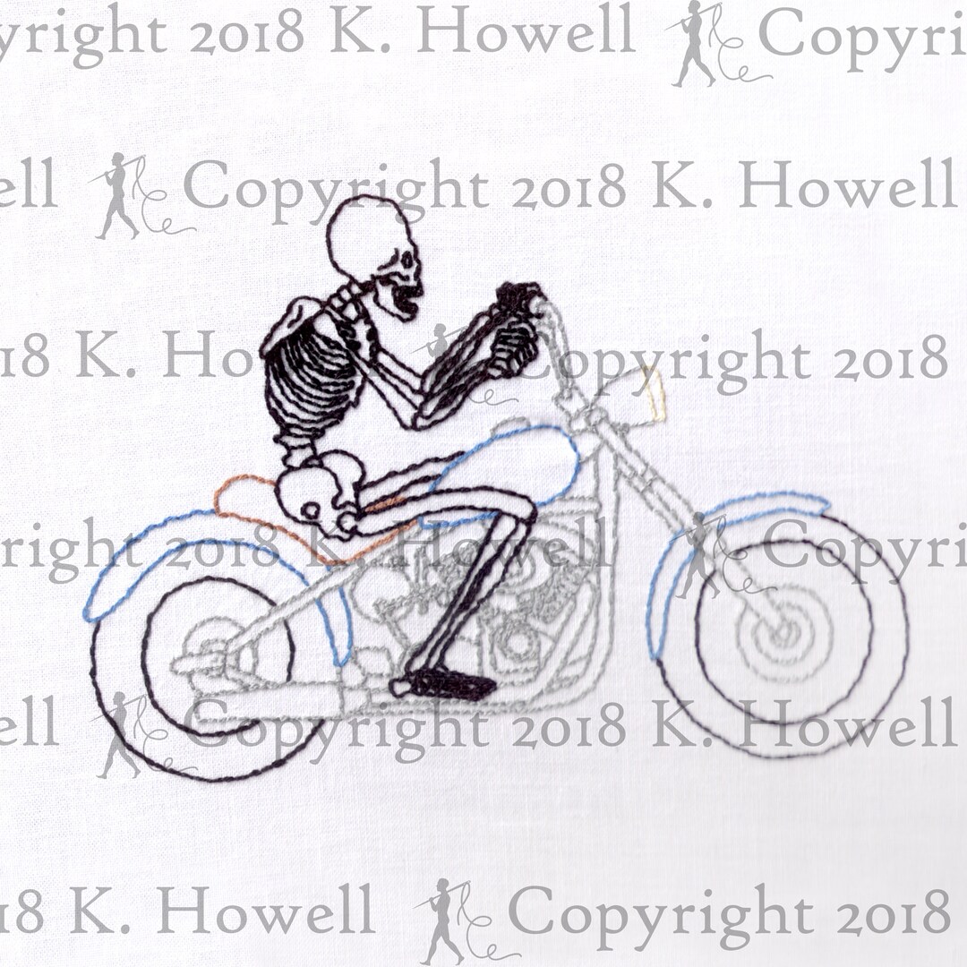 Skeleton on a Motorcycles Hand Embroidery Pattern, Skeleton, Motorcycle ...