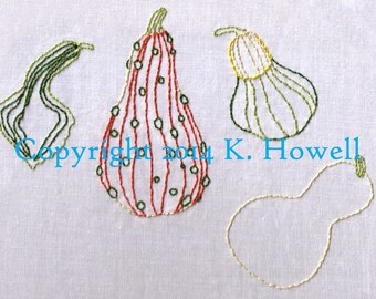 Handbroderimönster för kalebasser, squash, höst, Halloween, Thanksgiving, trädgård, grönsak, vinstock, PDF