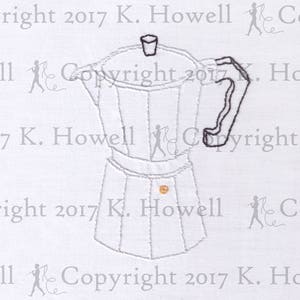 May include: Embroidered image of a stovetop espresso maker, featuring a light gray outline on a white background. The handle and top are black. The design includes a small gold-colored button. The text "Copyright 2017 K. Howell" is visible.