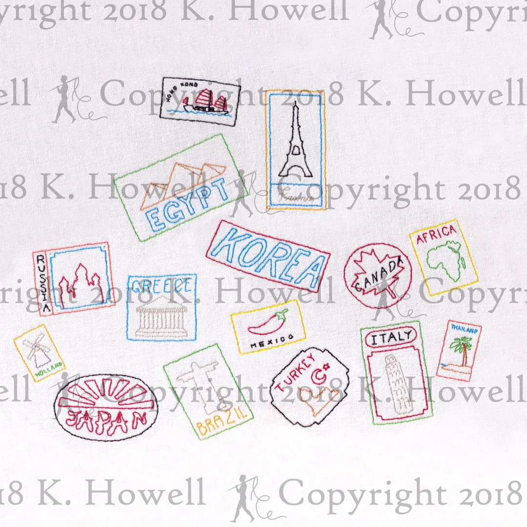 Travel Stamps Hand Embroidery Pattern, Travel, Stamp, Sticker, Luggage, Vintage, World, Globe