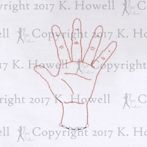 May include: A line drawing of a hand with five fingers extended, forming the number five. The hand is brown and the background is white. The hand is wearing a bracelet with small white beads.