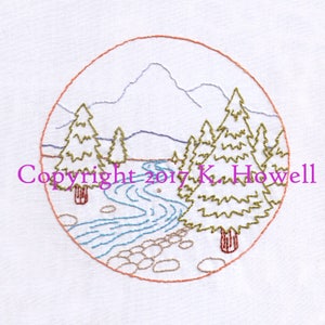 Forest Scene Hand Embroidery Pattern, View, Scenic, Adventure, Camping, Woods, Trees, River, Mountains, Nature, Travel, Stream, Rocks, PDF