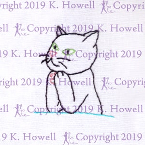 May include: Embroidered white cat with green and pink eyes, sitting on a blue surface. The cat is looking to the left. The image has the text "Copyright 2019 K. Howell" repeated multiple times.