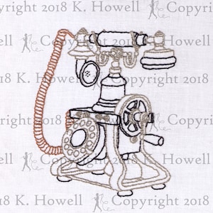 May include: A vintage-style rotary phone with a black receiver, a gray dial, and a brown cord. The phone is on a white background with the text "Copyright 2018 K. Howell" repeated around the image.