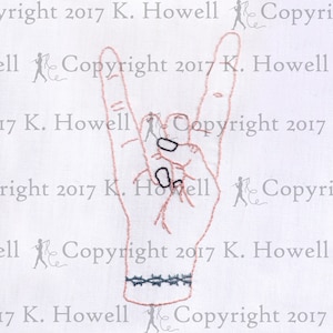 Devil Horns Hand Gesture Hand Embroidery Pattern, Hand, Gesture, Position, Symbol, Rock, Rock and Roll, Devil, Horns, Music, PDF