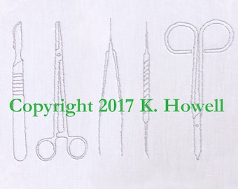 Instruments Hand Embroidery Pattern, Surgical Tools, Medical Equipment, Scalpel, Hemostat, Tweezers, Probe, Scissors, Surgery, Doctor,PDF