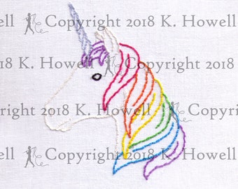 May include: Embroidered design of a white unicorn with a rainbow mane on a white fabric background. The text "Copyright 2018 K. Howell" appears multiple times around the image.