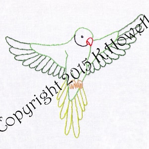 Bird Hand Embroidery Pattern, Green, Parrot, Flight, Flying, Soar, PDF