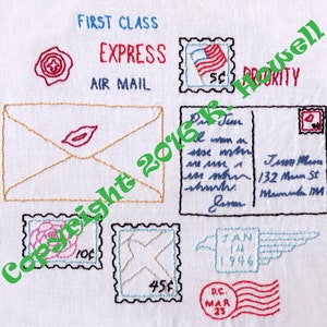 Patrón de bordado a mano de correo, sellos, ir postal, postal, carta, matasellos, sello, franqueo, vintage, correspondencia, correo, sobre, PDF