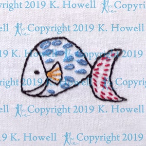 May include: A black and white outline of a fish with blue and red details. The fish has a yellow fin and a red tail. The background is white.