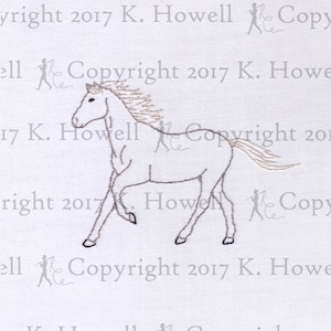 May include: A line drawing of a white horse running to the right. The horse is drawn in a simple style with a few lines and details. The horse is on a white background.