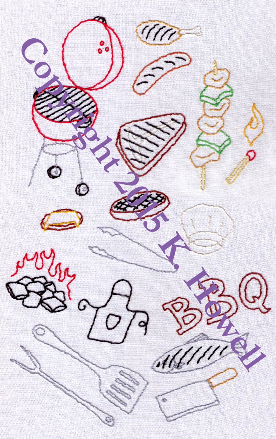 Pink Bbq Pattern BBQ Hand Embroidery Pattern, BBQ Assortment, Grill, Cooking, Hot Dogs ...