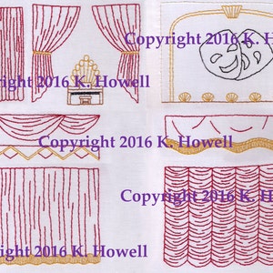 May include: A set of six embroidery designs for a stage curtain. The designs include a pair of red curtains, a pair of red curtains with a gold trim, a red curtain with a gold trim and a gold swag, a red curtain with a gold trim and a gold swag, a red curtain with a gold trim and a gold swag, and a red curtain with a gold trim and a gold swag. The designs are all in a red and gold color scheme. Copyright 2016 K. Howell.