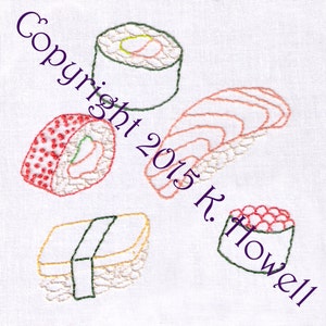 May include: Embroidered design of various sushi rolls, including a salmon nigiri, a maki roll with red roe, a cucumber maki roll, and a California roll. The design is stitched in pink, red, green, and white thread on a white background. Copyright 2015 K. Howell.
