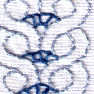 以下が含まれることがあります： 青い刺繍のループが繰り返されるパターンが施された白い生地。ループは対称的なデザインに配置されています。