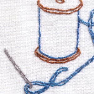 以下が含まれることがあります： 糸巻きと針と糸が刺繍された画像。糸巻きは茶色で、糸は青色。針は灰色です。