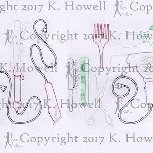 Hair Salon Tools Hand Embroidery Pattern, Salon, beauty, hair, barber, haircut, stylist, scissors, hair dryer, curling iron, razor, PDF