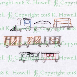Zug Handstickmuster, Zug, Fracht, Passagier, Caboose, Käfig, Kohle, Dampf, Log, Auto, Transport, Lokomotive, Track, Station, PDF