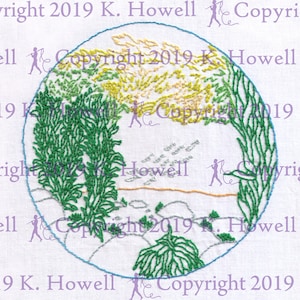 May include: A circular embroidery design featuring a stylized depiction of a beach scene with green foliage, a sandy beach, and a blue sky. The design is surrounded by a blue circle and includes the text "Copyright 2019 K. Howell".