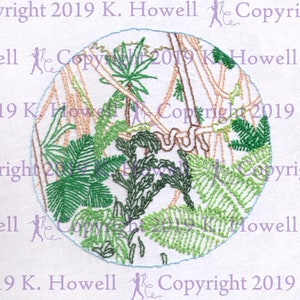 Jungle Hand Embroidery Pattern, Jungle, Tropical, Rain, Forrest, Snake, Fern, Vine, Tree, Scene, Ecosystem, Digital, Download, PDF