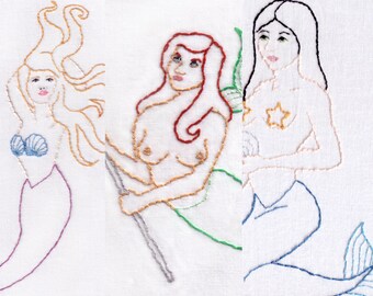 Mermaids Hand Embroidery Pattern, Combo 3 Pack, Shells, Starfish, Trident, Ocean, Sea, PDF