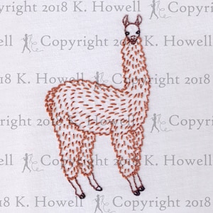 May include: Embroidered image of a brown llama with a white background. The llama is standing with its head held high and its ears perked up. The image is surrounded by a border of text that reads "Copyright 2018 K. Howell".