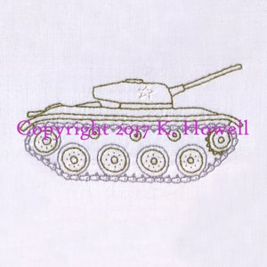 May include: A green embroidered tank with a white star on the turret. The tank has five wheels on each side and a chain track.