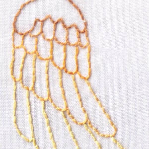 May include: A close-up of a yellow and orange embroidered wing design on a white fabric background.