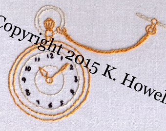 Horloge handborduurpatroon, zakhorloge, klok, Victoriaans, fancy, steampunk, tijd, horloge, fob, edwardiaans, klassiek, opwindbaar, ketting, pdf